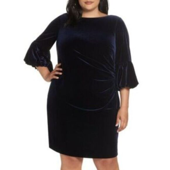 Eliza J Bubble Sleeve Velvet Sheath Dress size 16W in Navy - NEW - Picture 1 of 13